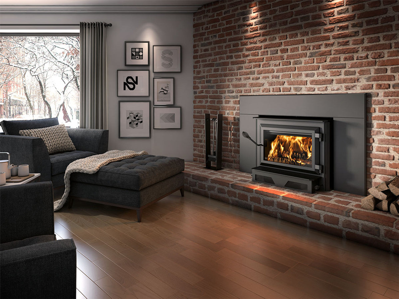 Cozy living room with brick fireplace and modern furniture.