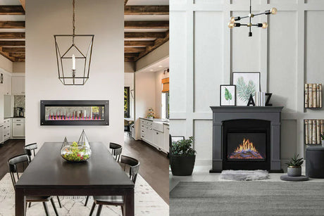 Side-by-side interior views of modern living spaces featuring dining and fireplace areas with elegant decor and lighting.
